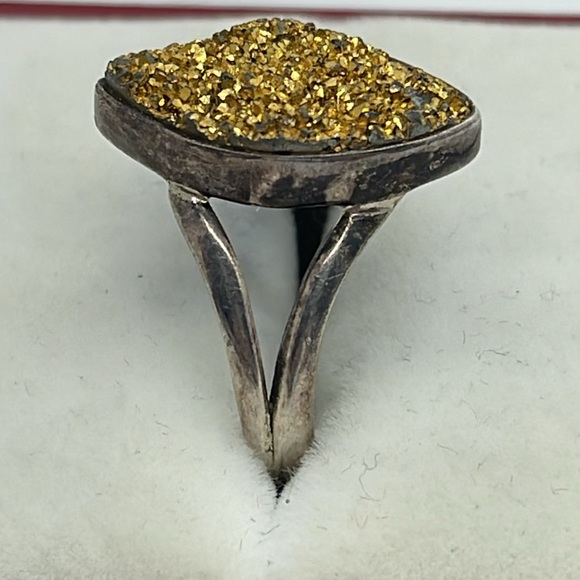 Gold Diamond Shape Druzy 925 Ring - Picture 2 of 3